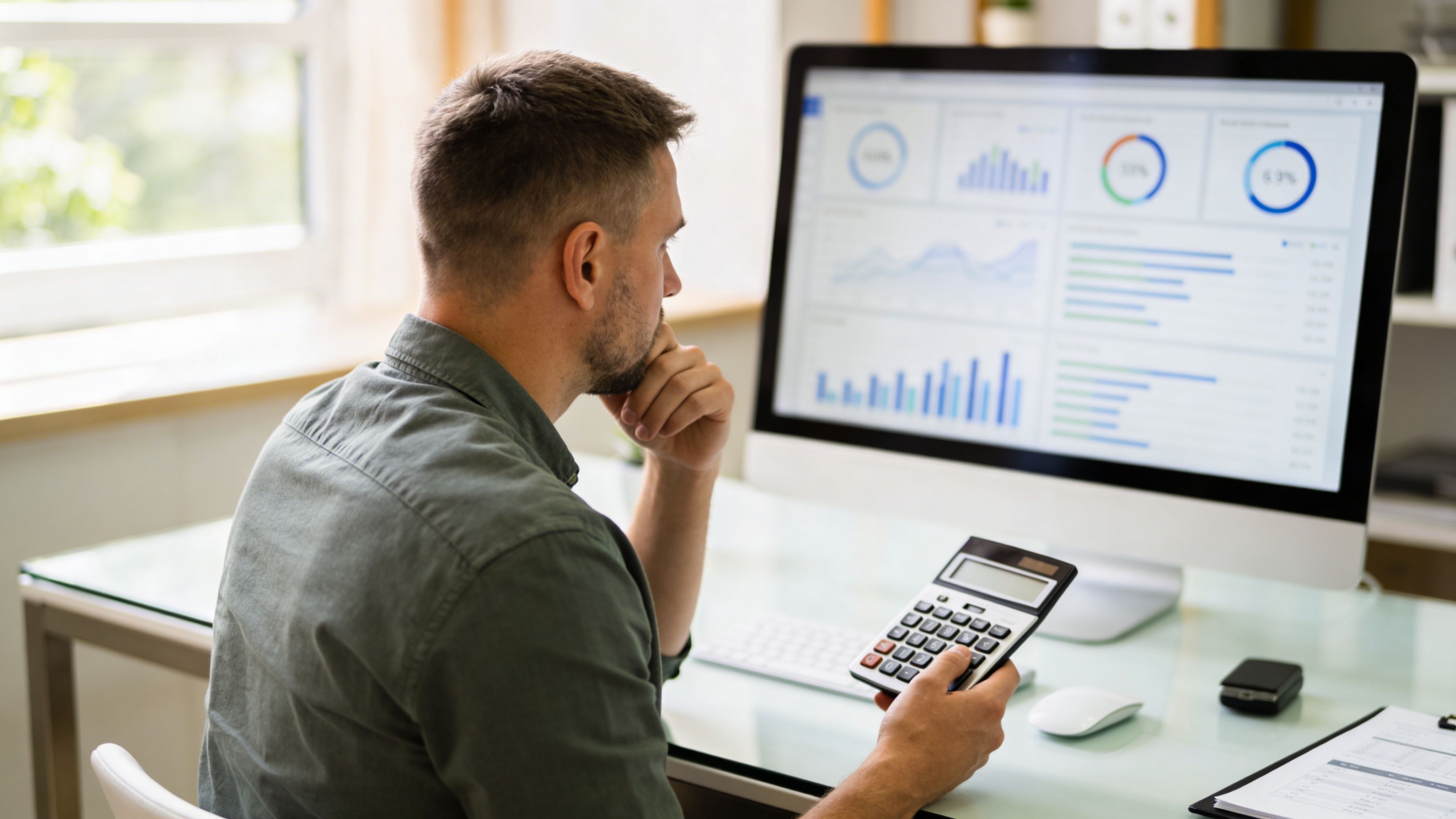 A professional man analyzing customer engagement metrics on his computer screen while using a calculator at desk.