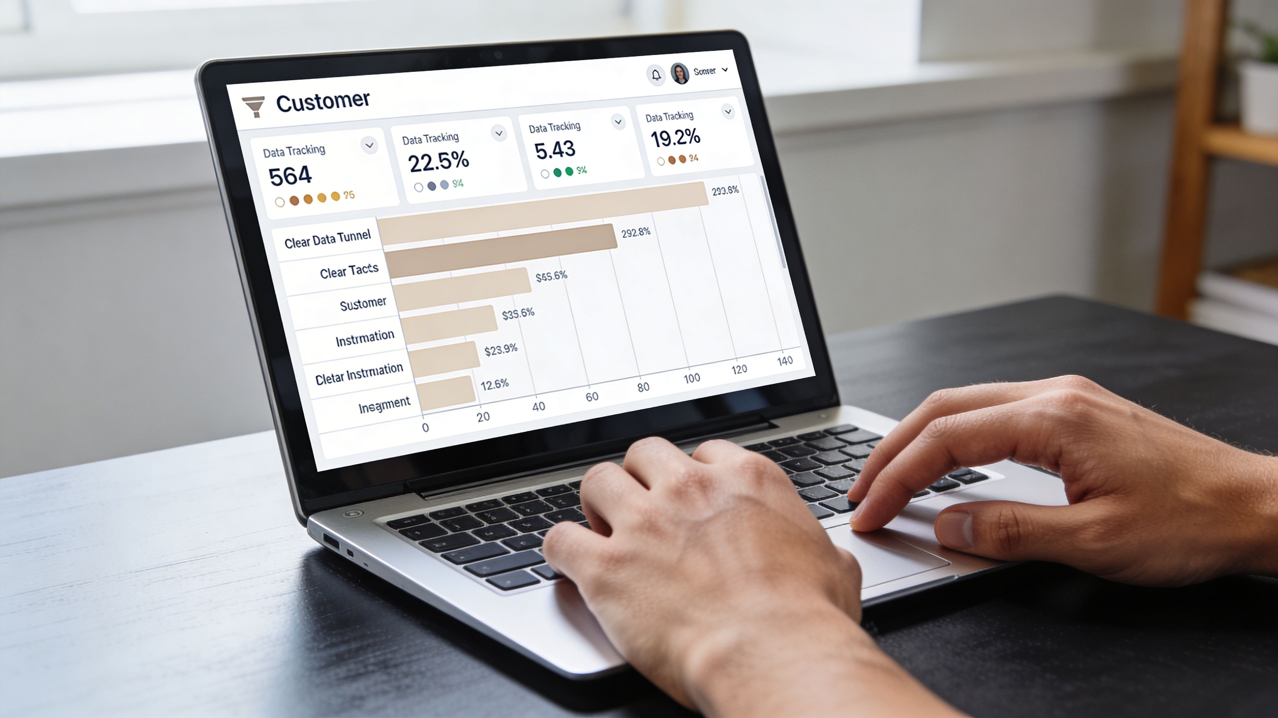 A person working on a laptop displaying business analytics dashboard with data tracking charts and graphs.