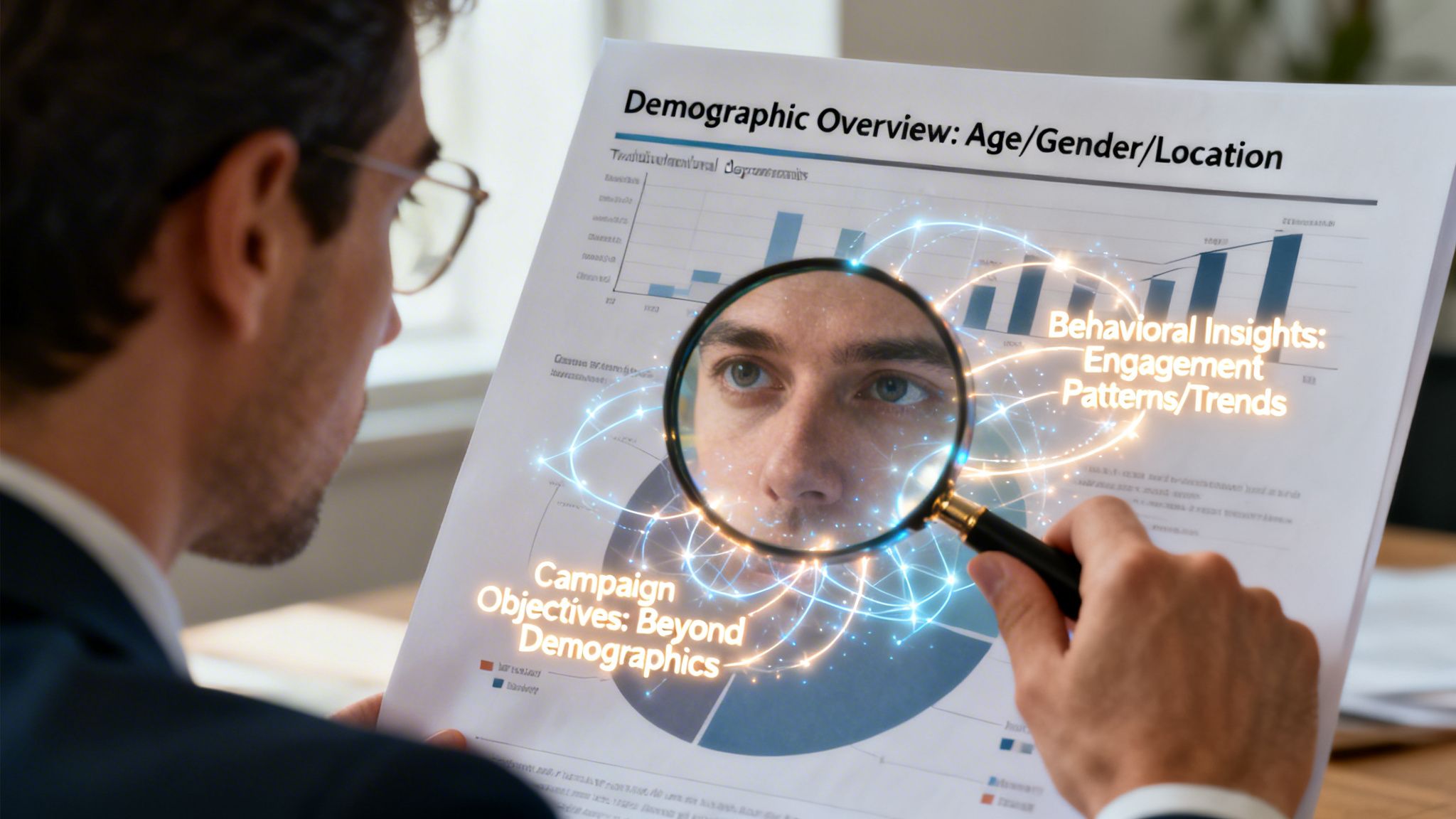 A professional analyzing a business report with a magnifying glass showing digital data patterns on paper.