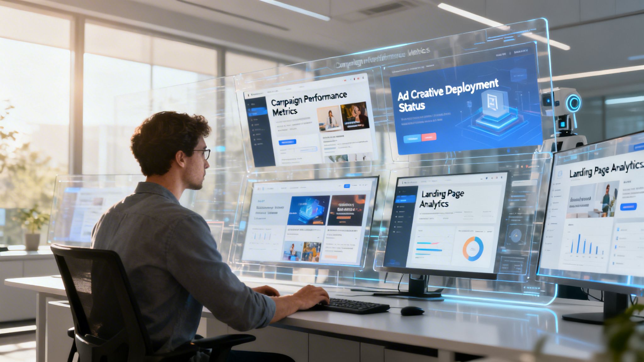 A man in a modern office working on a computer setup with holographic digital dashboard displays.