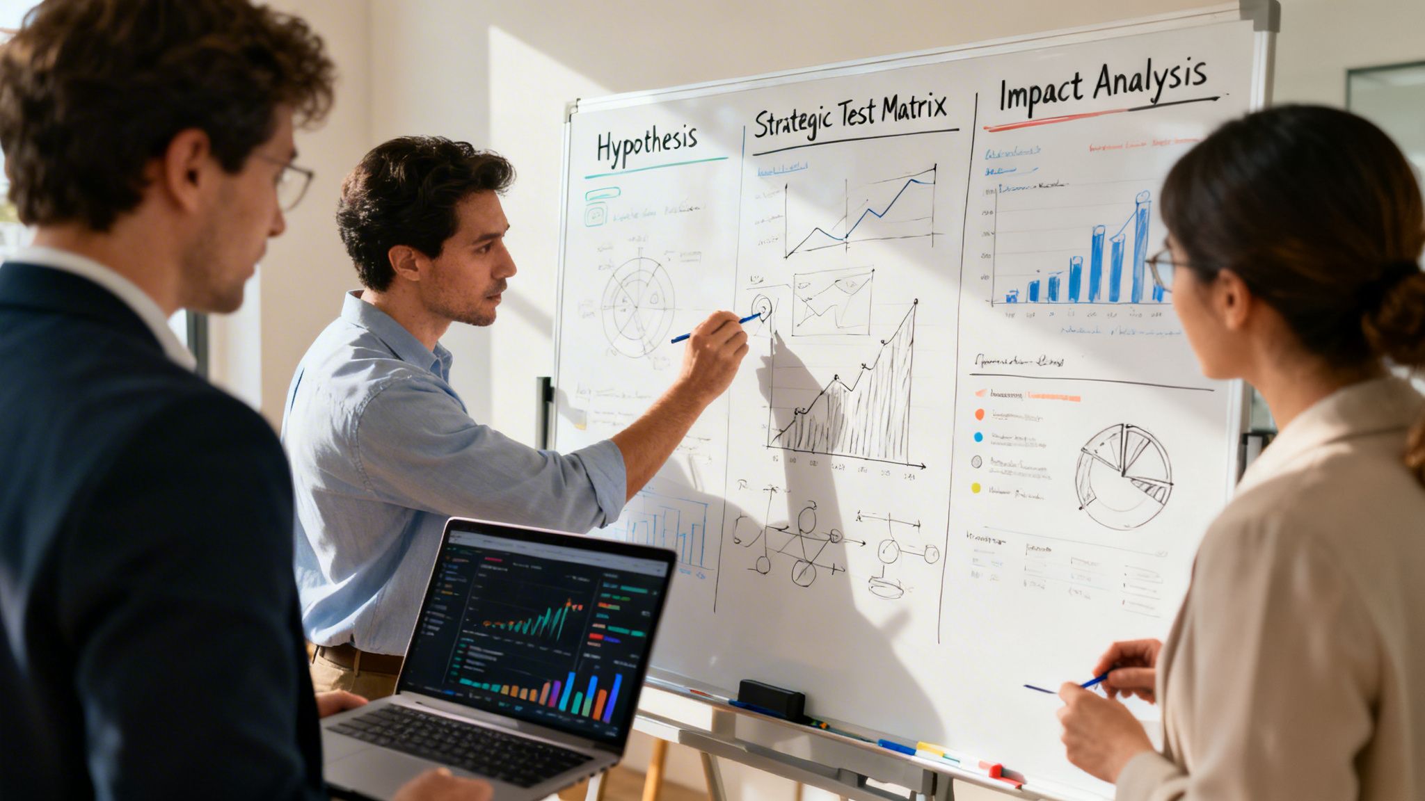 A professional team collaborates on business data analysis while presenting strategies on a large whiteboard in office.