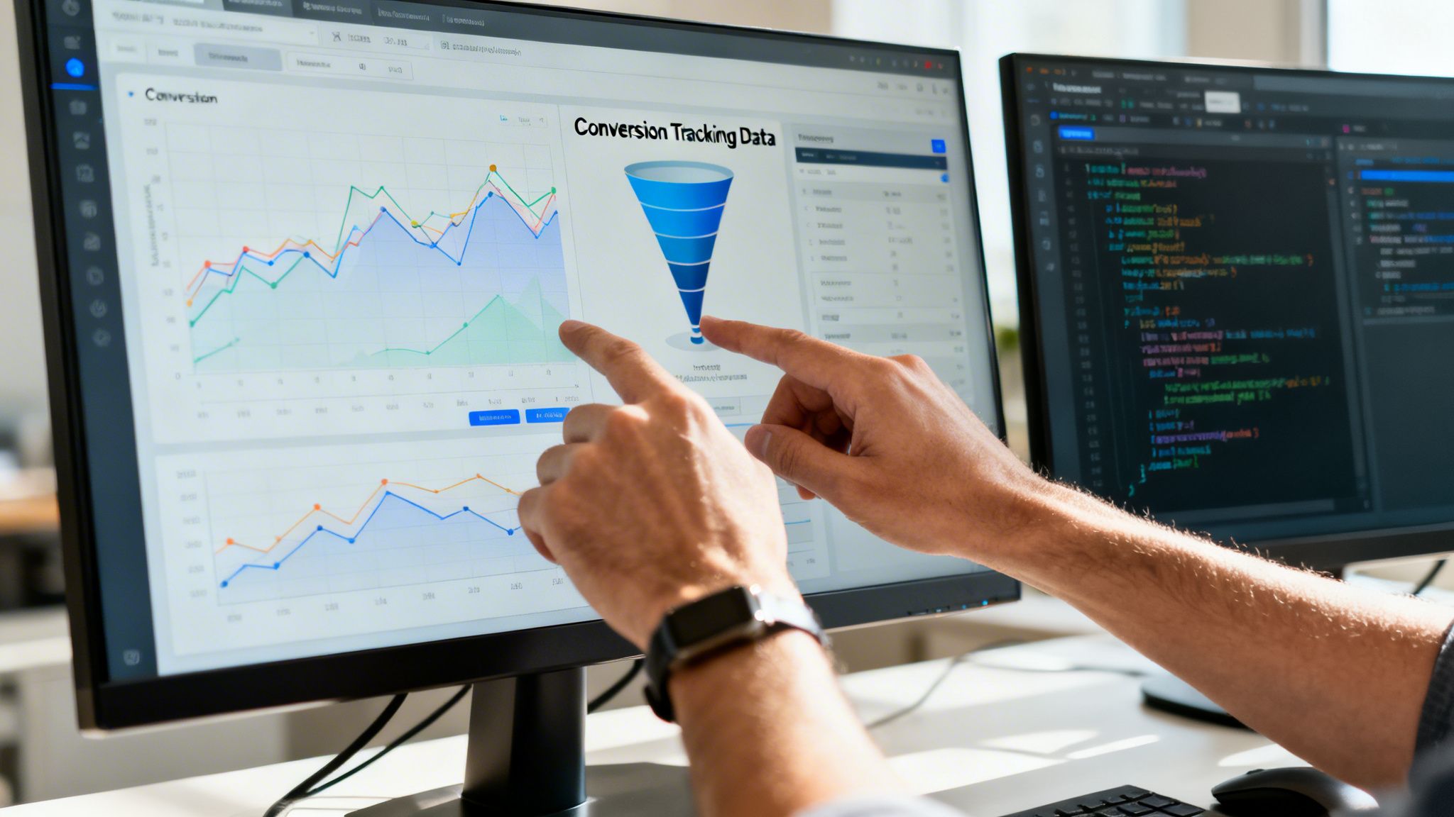 A developer analyzing website conversion tracking data and funnel charts on two large computer screens.