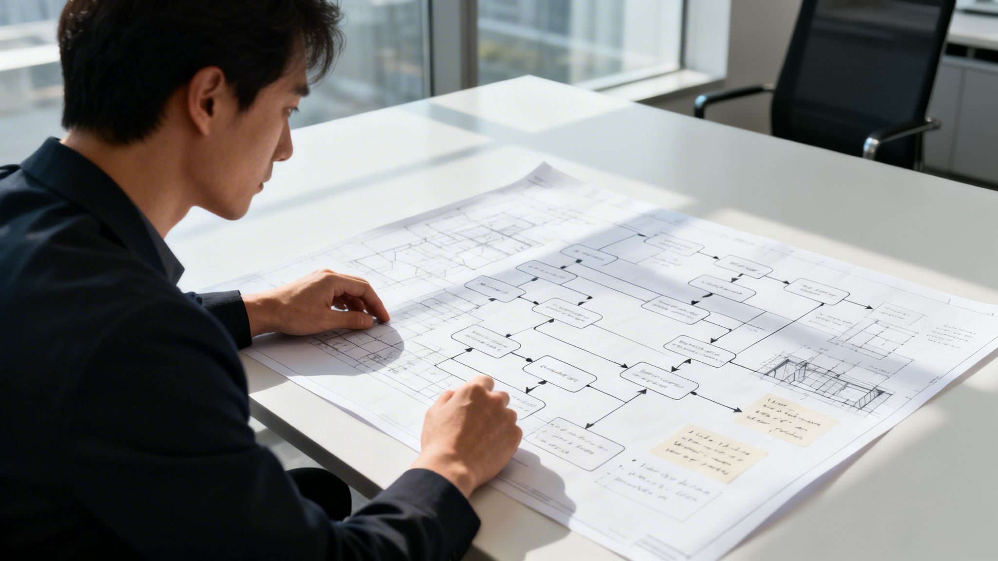 A professional man in a business suit reviewing technical architectural blueprints on a large white office desk.