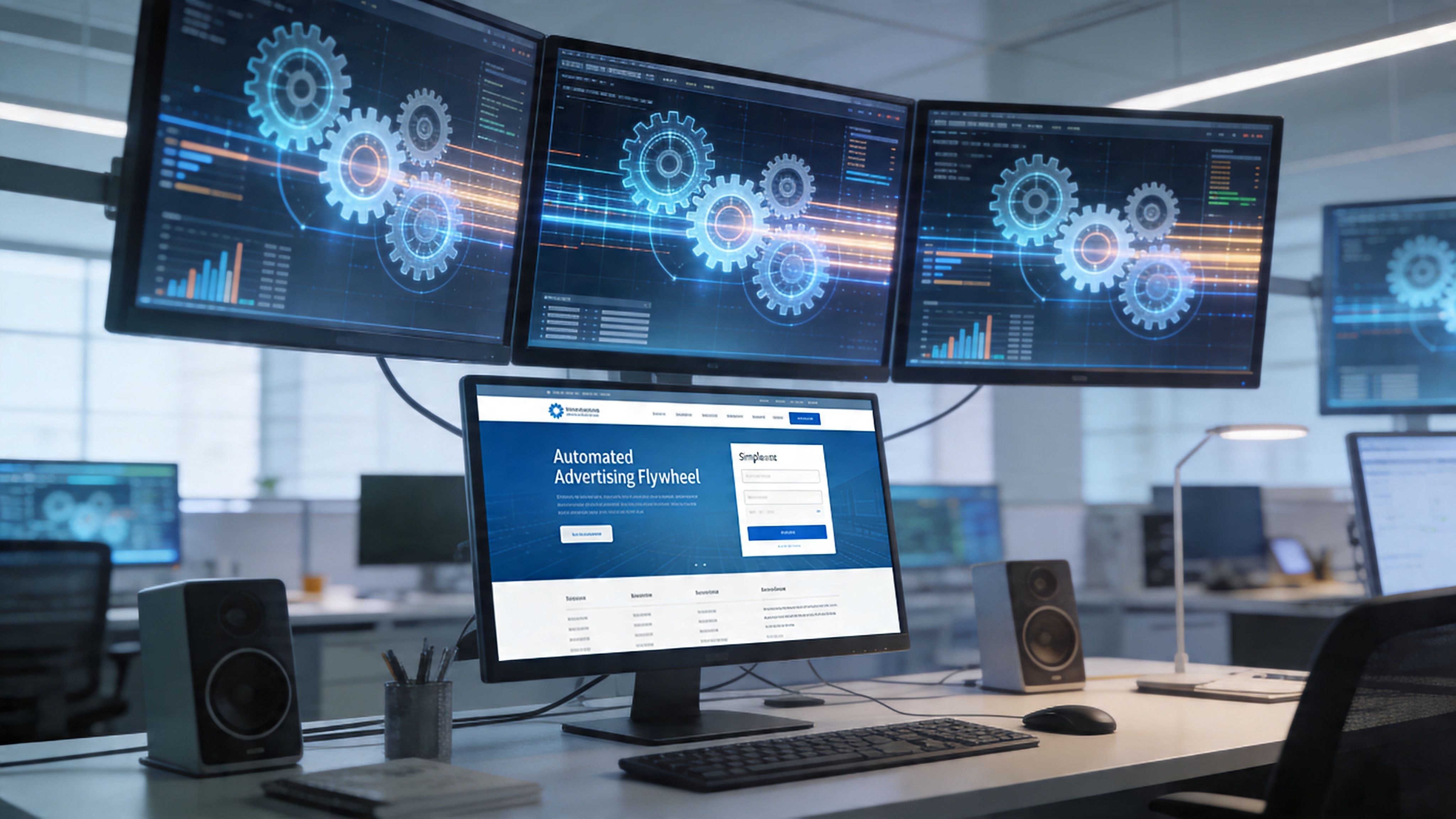 A modern professional office workstation featuring multiple monitors displaying advanced digital advertising analytics and gear graphics.