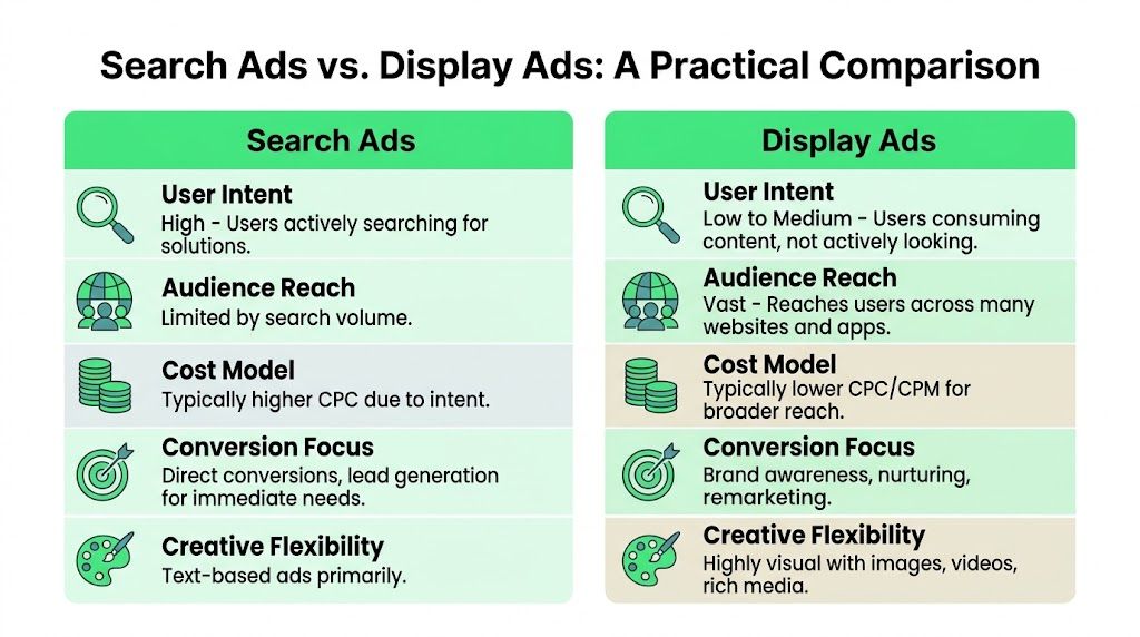 A comparison chart outlining key differences between search ads and display ads regarding intent, reach, and cost.