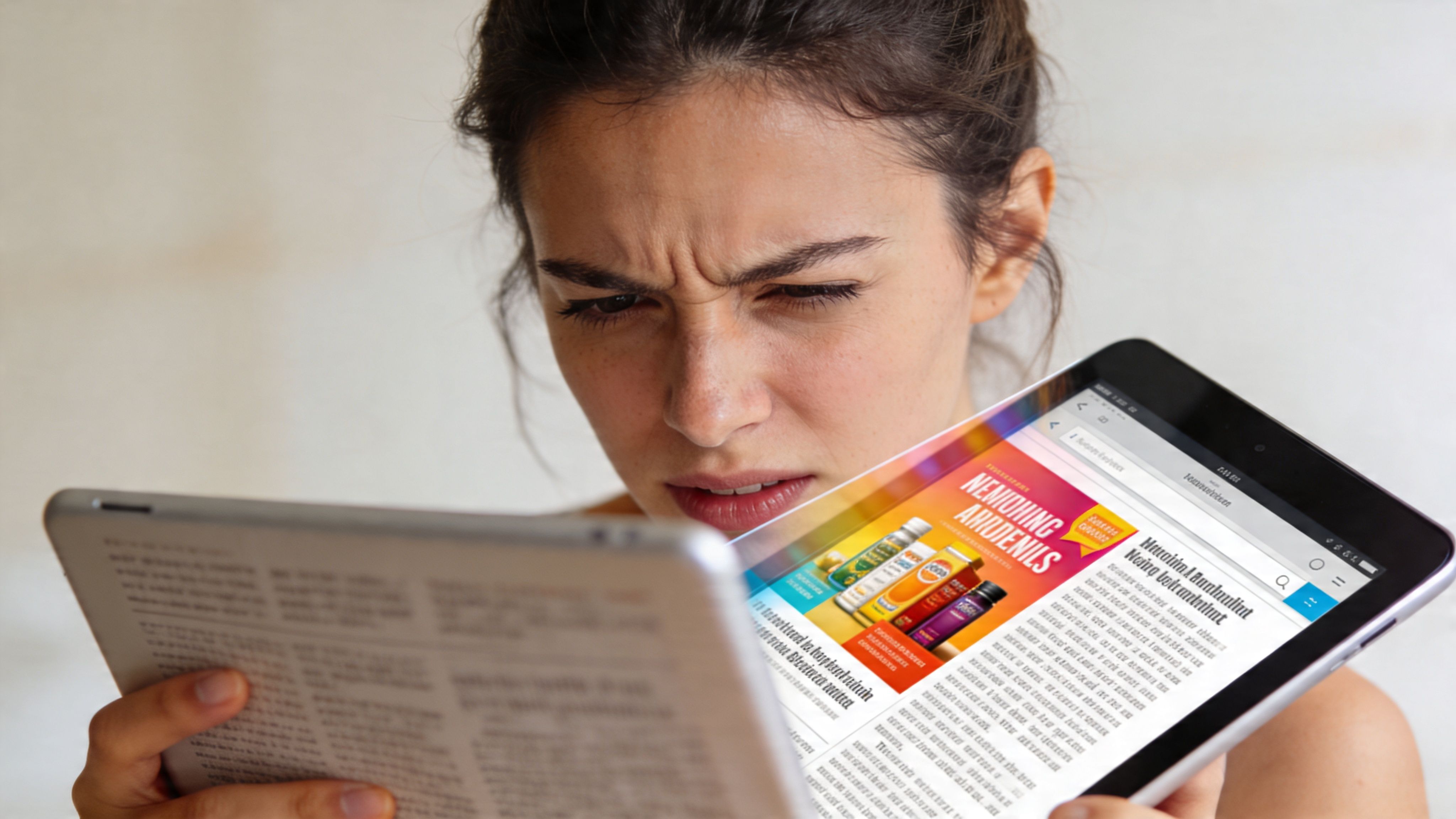 A woman looks confused while reading an advertisement for beverages on her digital tablet screen.