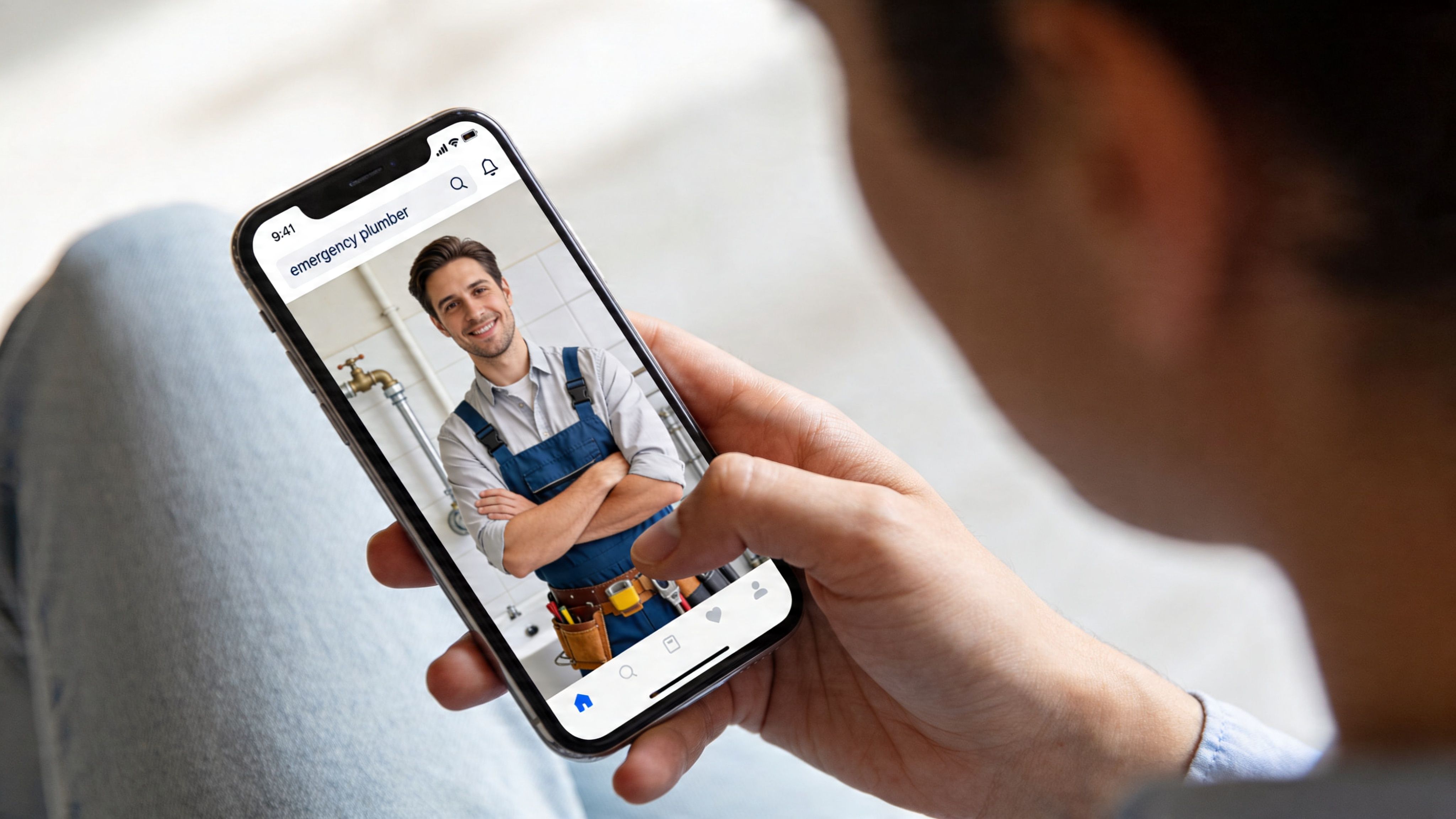 A person holding a smartphone and searching for an emergency plumber service using a mobile app interface.