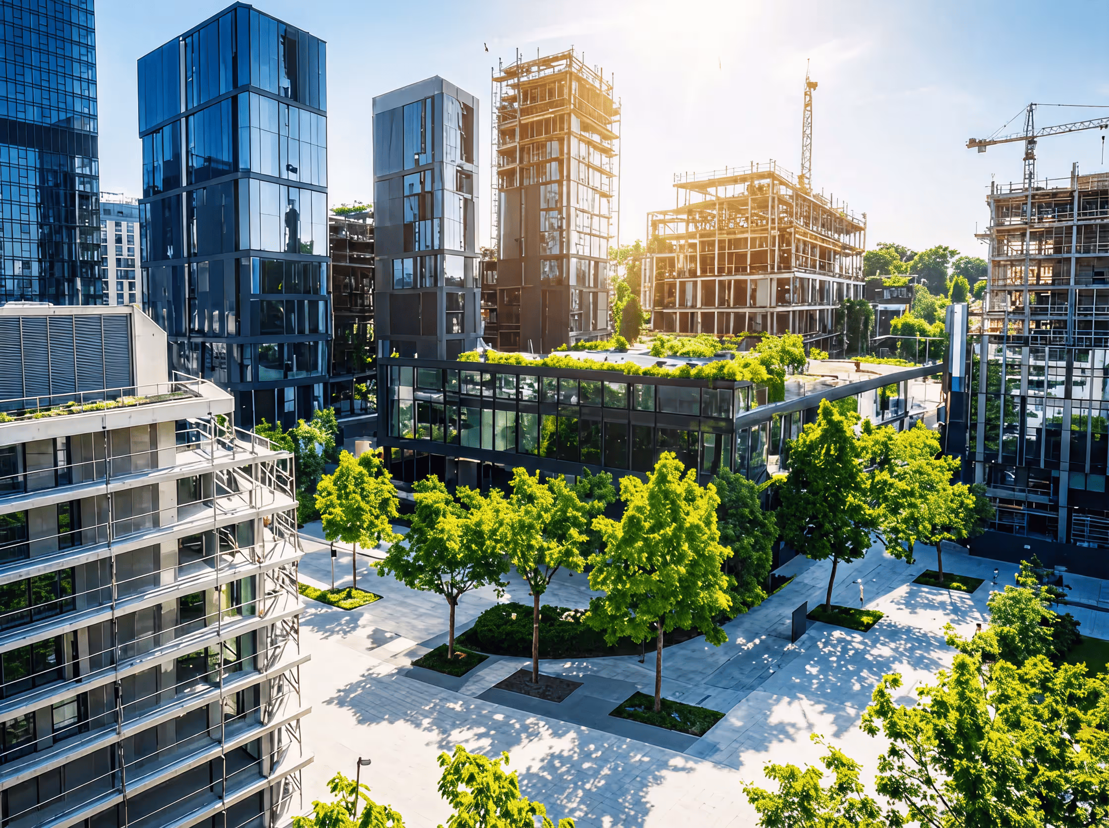 Modern urban area with glass buildings, some under construction, surrounding a courtyard with green trees and landscaped walkways in bright daylight.
