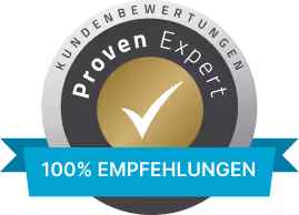 Silver badge with gold center featuring a white checkmark and text 'Proven Expert' surrounded by 'Kundenbewertungen' and a blue ribbon stating '100% Empfehlungen'.
