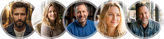 Fünf lächelnde Personen in runden Porträtbildern, darunter drei Männer und zwei Frauen, in entspannter und freundlicher Atmosphäre.