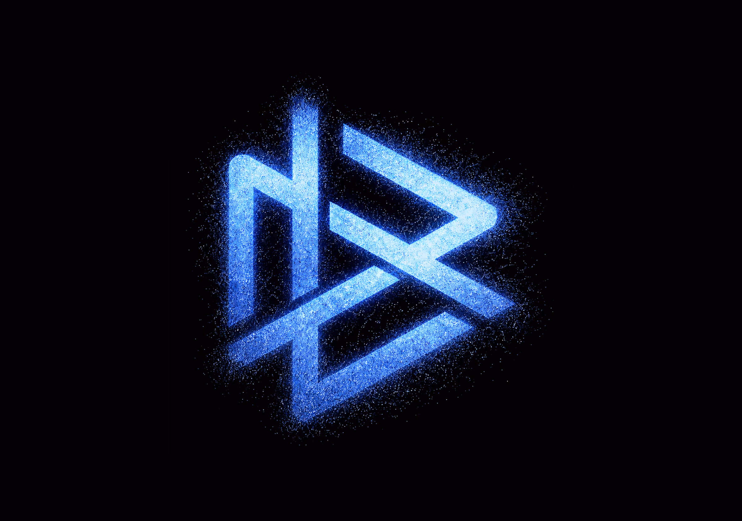 Leuchtendes, blaues, abstraktes geometrisches Muster aus ineinander greifenden Linien auf schwarzem Hintergrund.