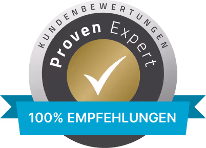 Silberner Proven Expert Kundenbewertungs-Badge mit weißem Häkchen und blauem Banner mit 100% Empfehlungen.