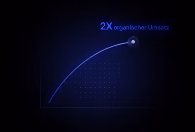 Grafik mit einem nach oben steigenden Bogen und der Beschriftung '2X organischer Umsatz' in Blau auf dunklem Hintergrund.