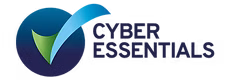 Cyber Essentials logo featuring a blue checkmark inside a circular shape with 'Cyber Essentials' text.