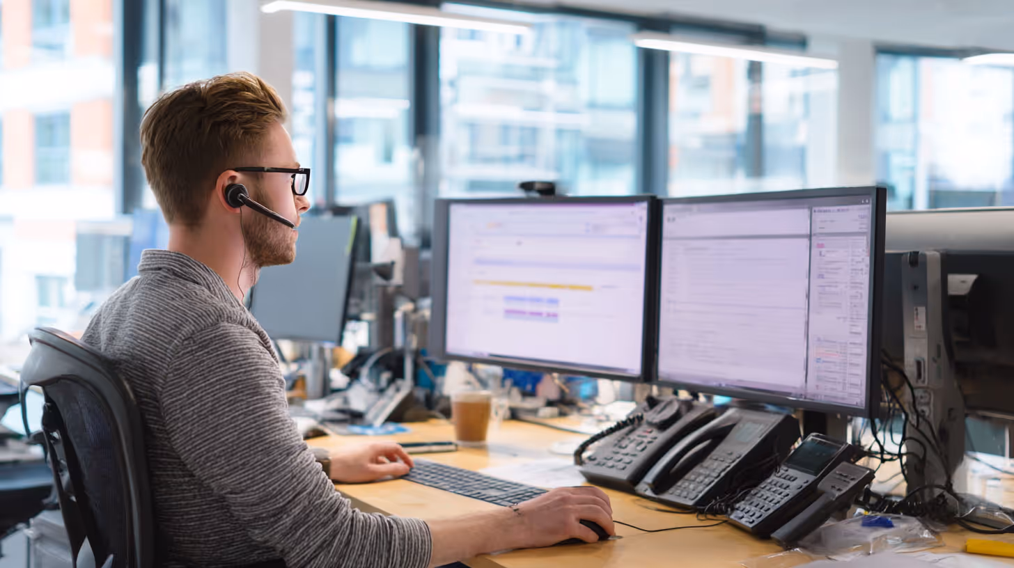Young man wearing headset working on a computer with dual monitors in a modern office.