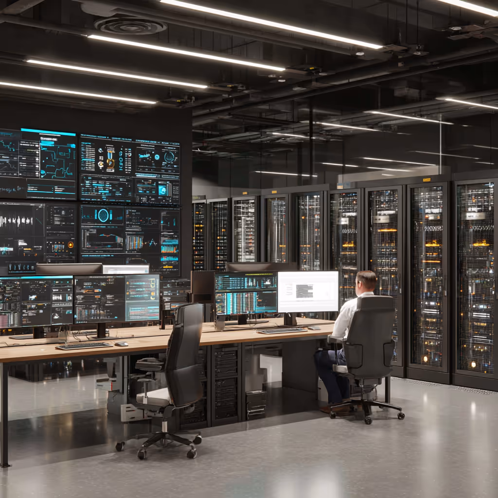 IT professional seated at a desk in a modern data center with multiple monitors displaying data analytics and server racks in the background.
