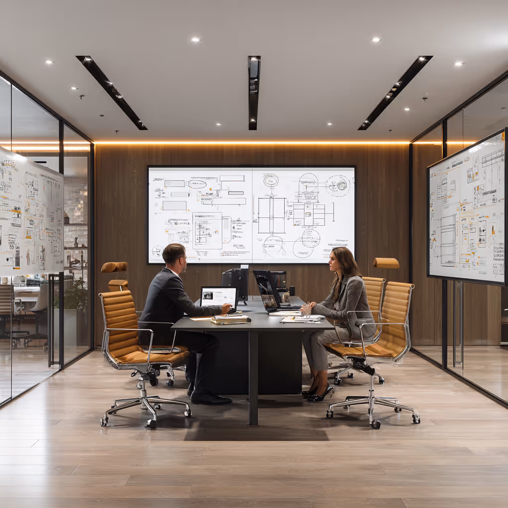 Two business professionals sitting at a table in a modern office, discussing with laptops and papers, surrounded by large screens and whiteboards with architectural diagrams.