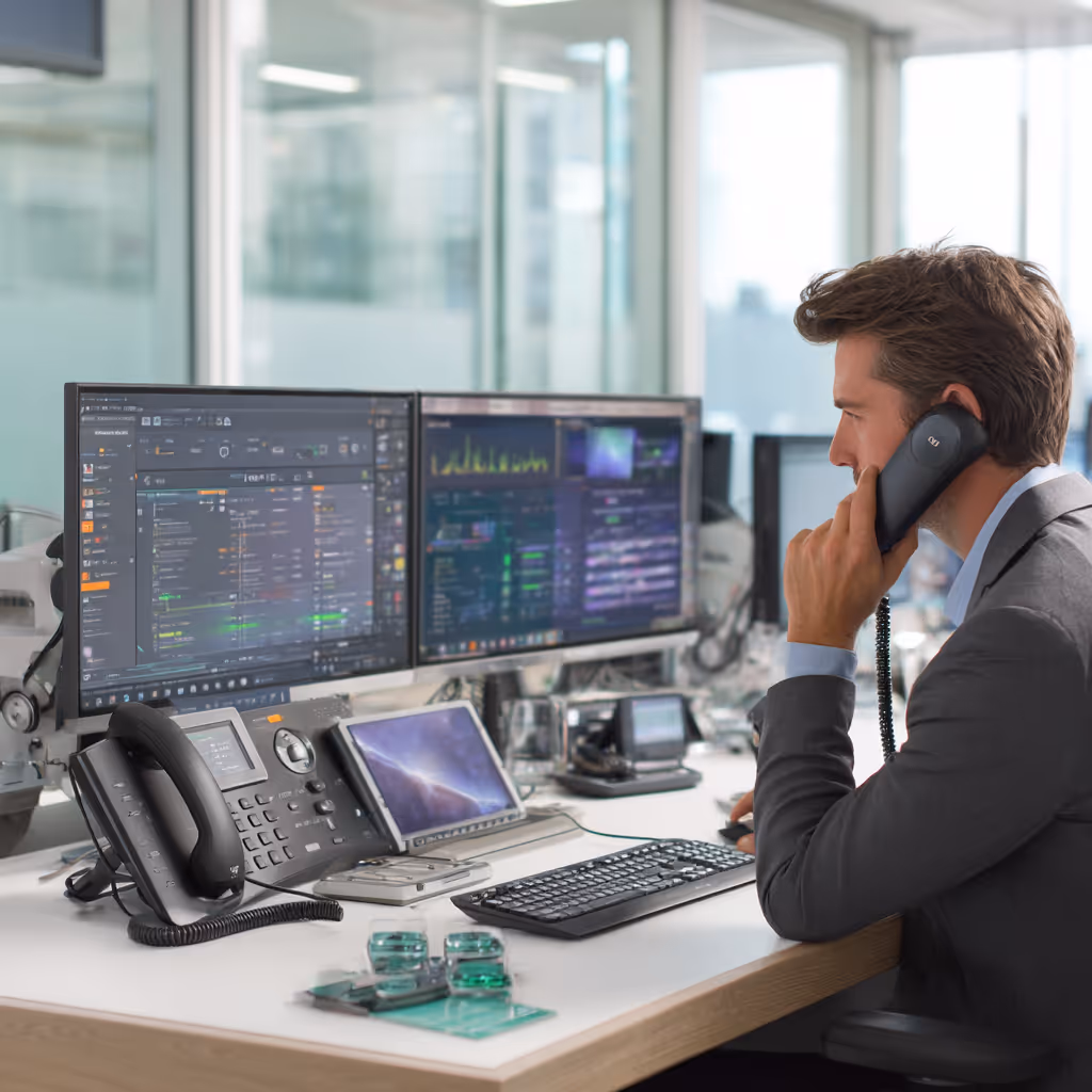 Man in a suit talking on a desk phone while working at a computer with dual monitors displaying data charts and software interfaces.