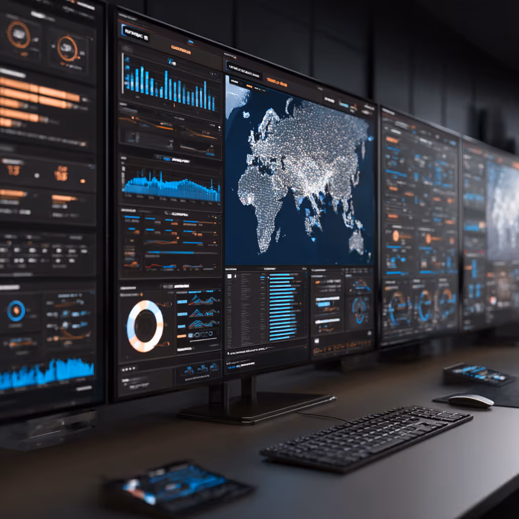 Workstation with multiple monitors displaying data dashboards and a digital map of the world with illuminated data points.