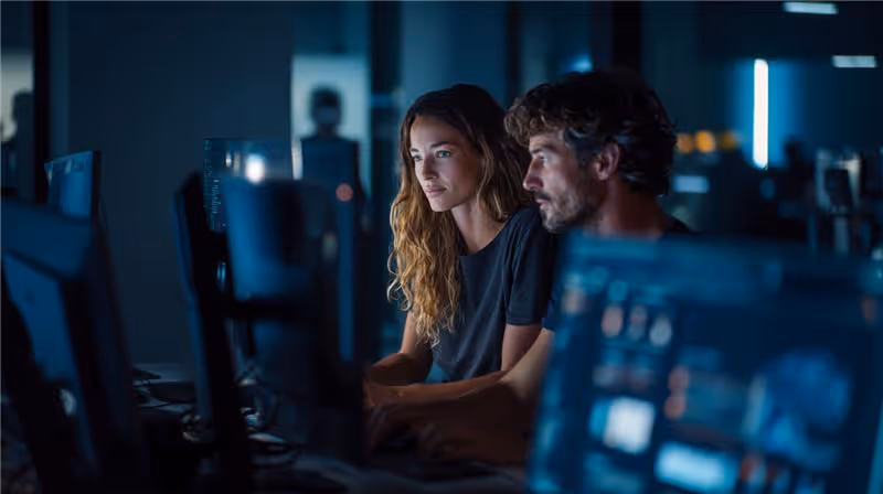 Two people focused on computer screens in a dimly lit office at night.