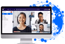 Computer monitor showing a video call with four diverse people smiling in a virtual meeting interface.