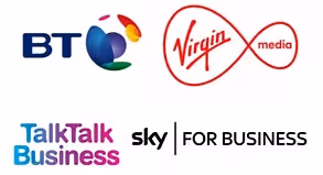 Logos of BT, Virgin Media, TalkTalk Business, and Sky for Business.