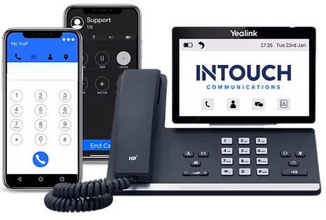 Desk phone with screen displaying InTouch Communications logo, alongside two smartphones showing a VoIP dial pad and an ongoing call interface.