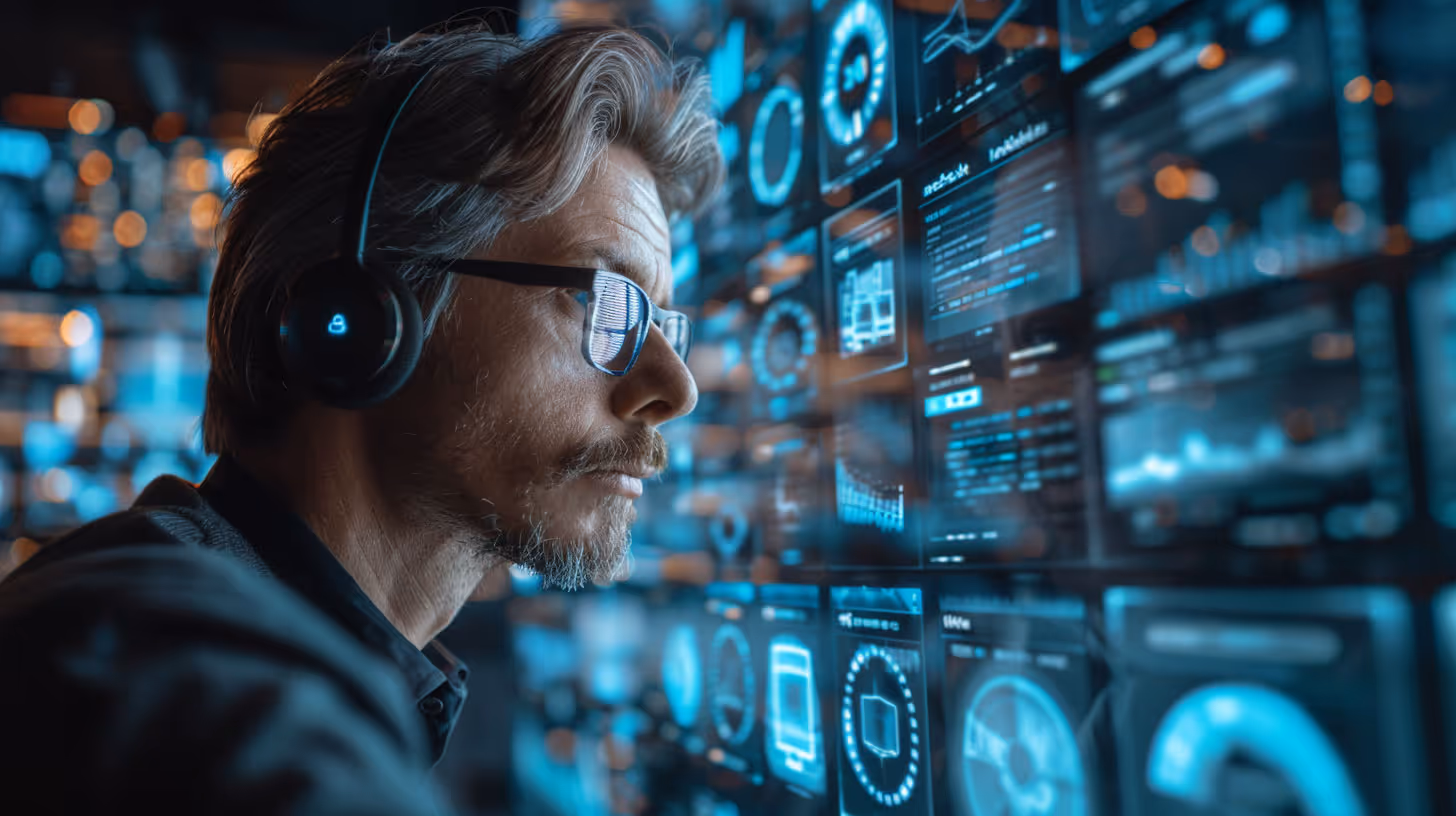 Man wearing headset and glasses analyzing multiple digital data screens with blue graphics and charts.