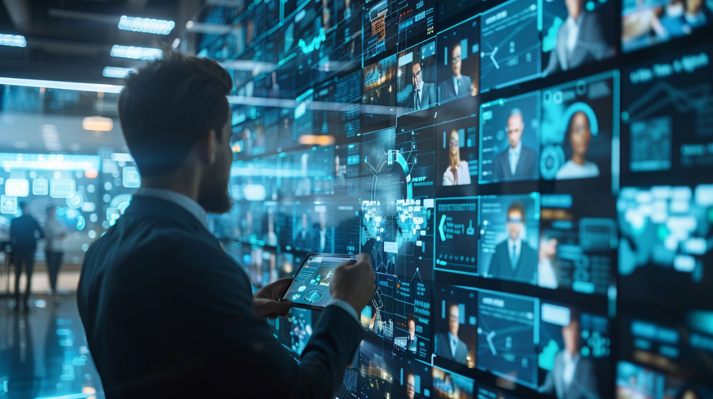 Man using digital tablet while interacting with a large futuristic touchscreen display featuring multiple profiles and data charts in a high-tech office.