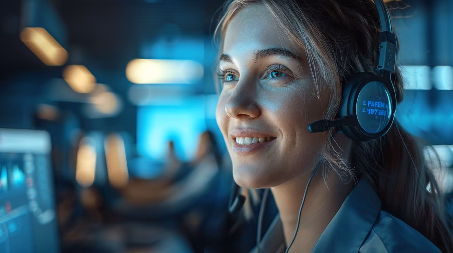 Smiling woman wearing a headset working at a computer in a modern call center.