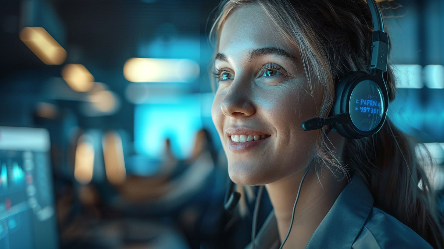 Smiling woman wearing a headset working at a computer in a modern call center.