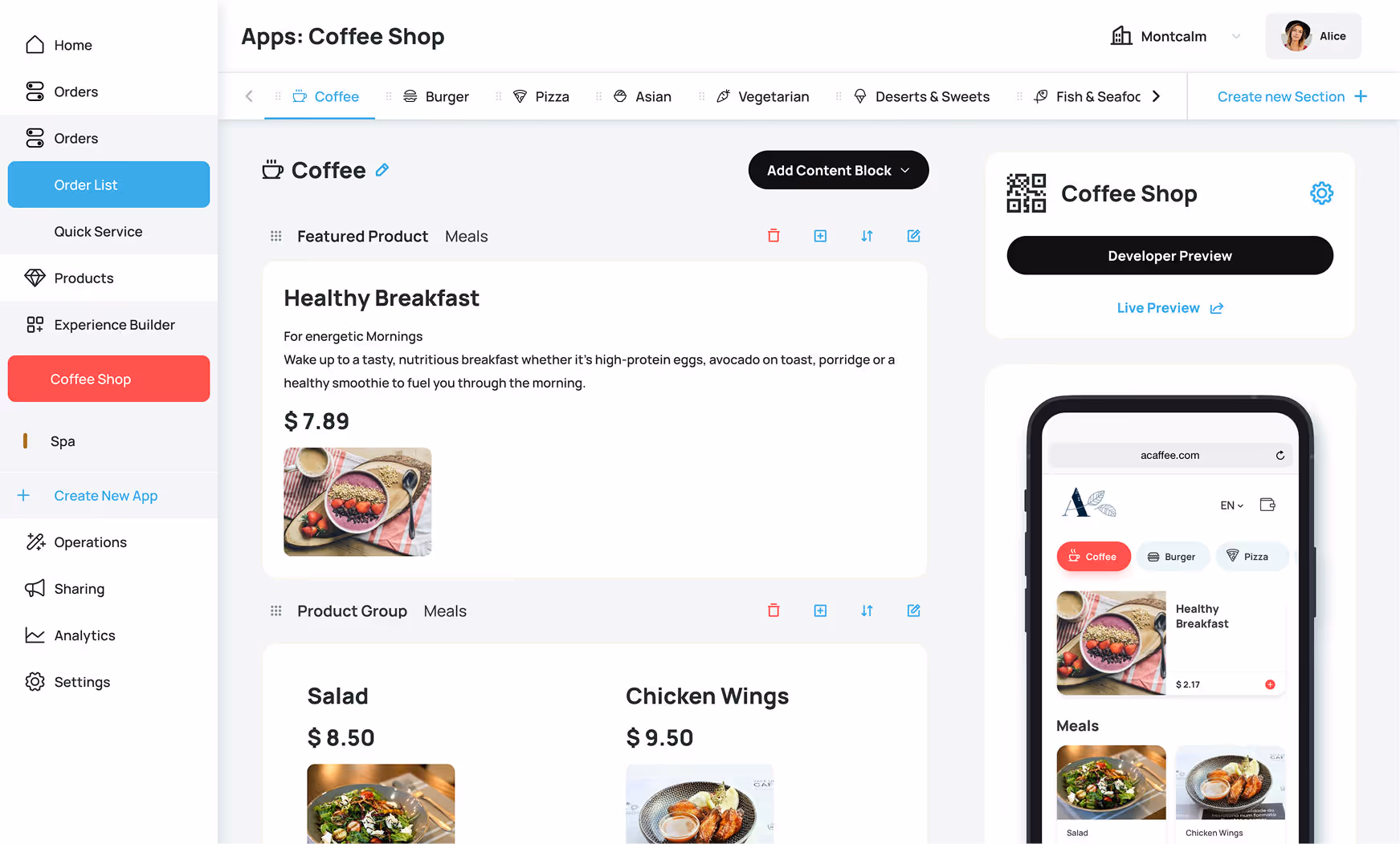 User interface of a Coffee Shop app dashboard showing menu categories, featured products like Healthy Breakfast, Salad, and Chicken Wings, with prices and images, and a mobile preview on the right side.