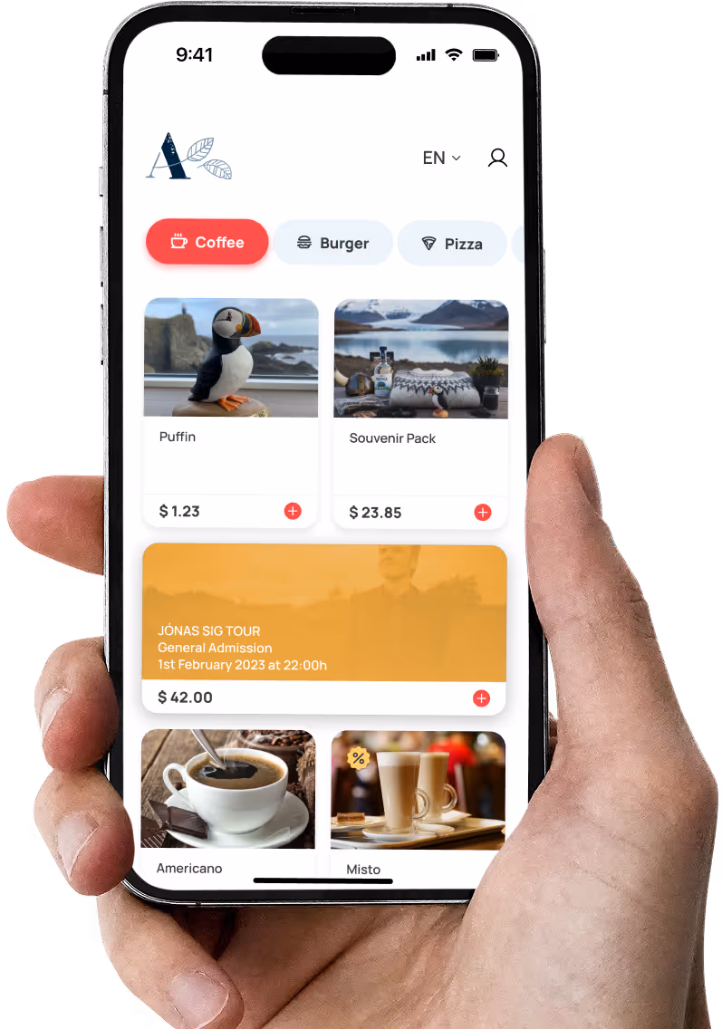 Hand holding smartphone displaying a mobile app with menu categories Coffee, Burger, and Pizza, showing items Puffin, Souvenir Pack, a concert ticket, Americano, and Misto with prices.
