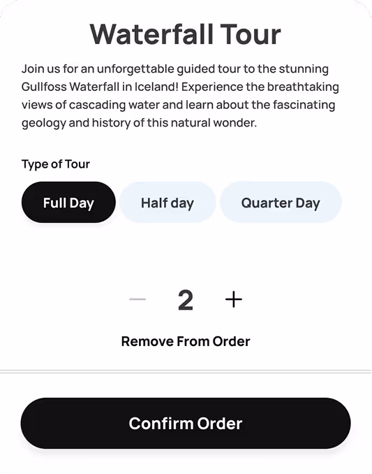 Booking interface for a Waterfall Tour in Iceland offering Full Day, Half Day, and Quarter Day options with quantity set to 2 and a Confirm Order button.