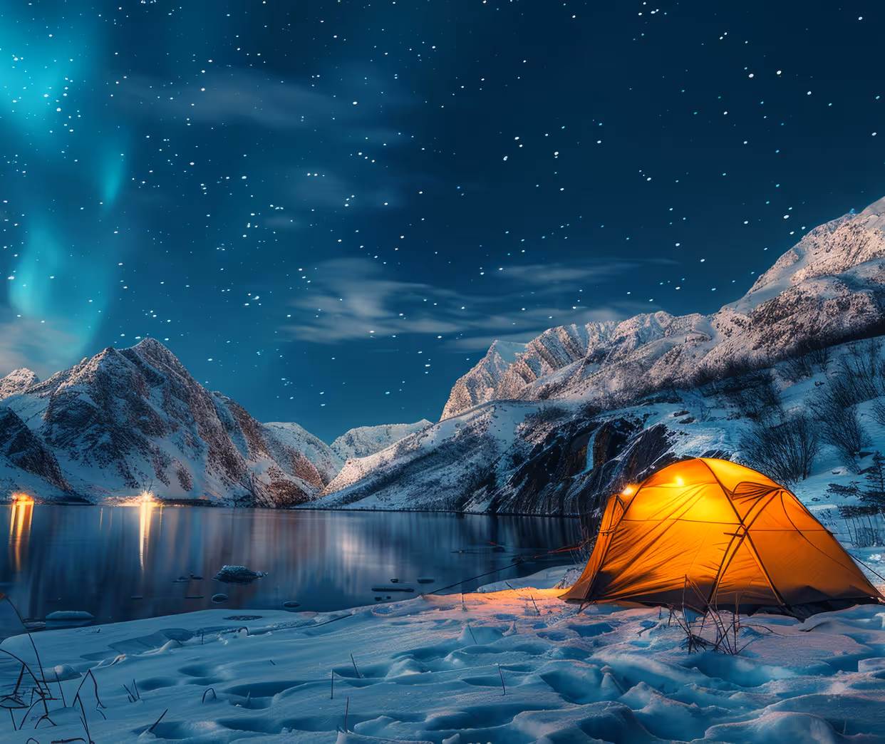 Glowing orange tent on snowy shore under starry sky with northern lights and snow-covered mountains reflecting in calm water.