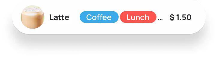 Menu item showing a latte with coffee and lunch category tags and price $1.50.