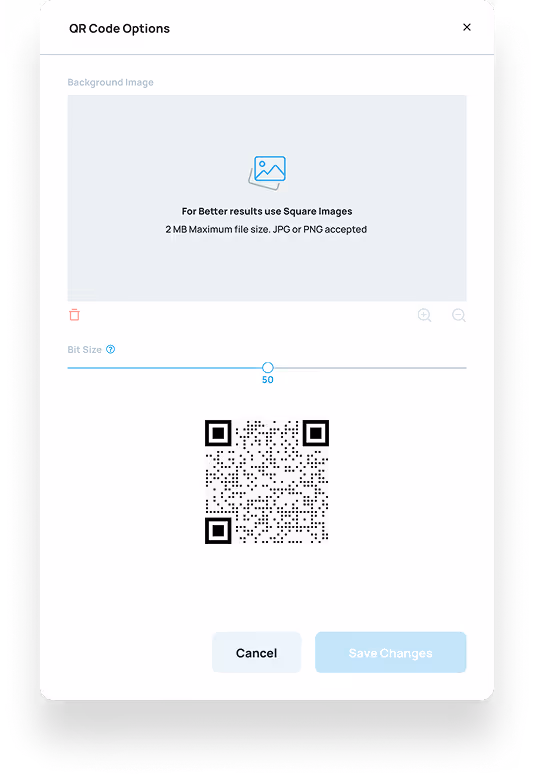 QR Code Options interface showing area to upload background image with 2MB max size guideline, bit size slider set at 50, displayed QR code, and Cancel and Save Changes buttons.