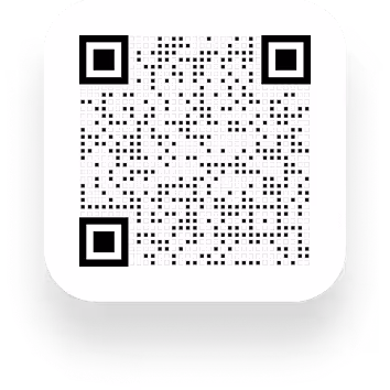 Black and white QR code with rounded edges and a slight shadow.