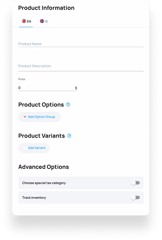 User interface form titled Product Information with fields for product name, description, and price, options to add product option groups and variants, and toggles for special tax category and inventory tracking.