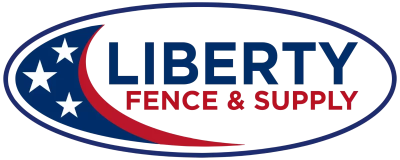 Liberty Fence & Supply logo with three white stars on blue background and red swoosh inside oval frame.
