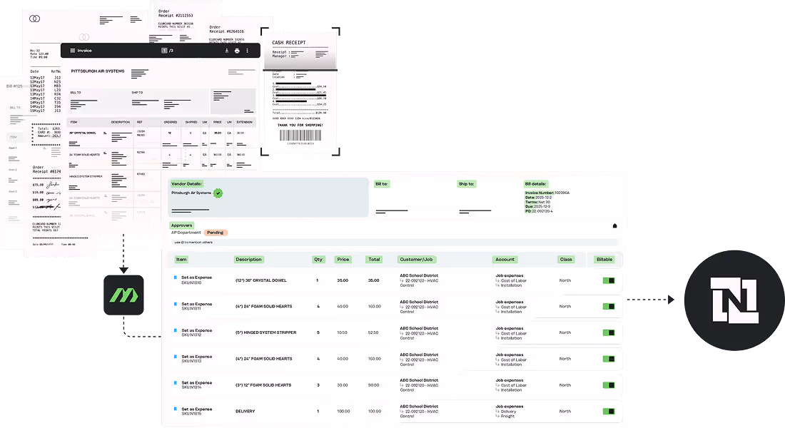 Workflow illustration showing invoice and receipt documents processed into a tabular expense report with vendor and billing details, connecting two company logos.