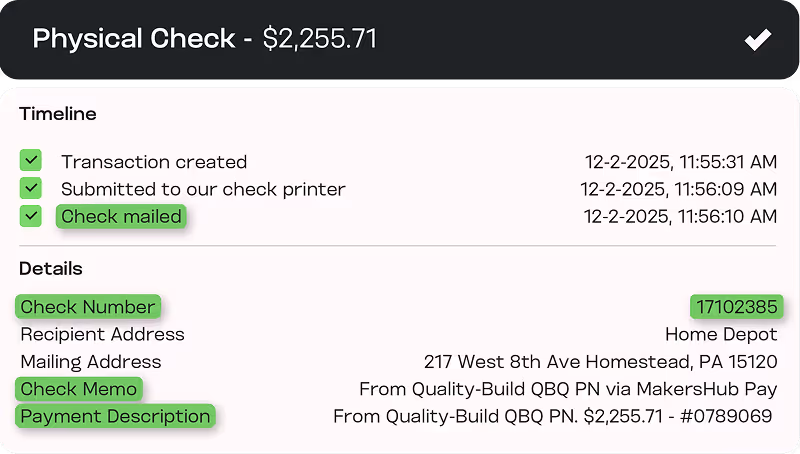 Payment details for a physical check of $2,255.71 with a timeline showing transaction creation, submission to printer, and check mailing on December 2, 2025, and the check number 17102385 sent to Home Depot.