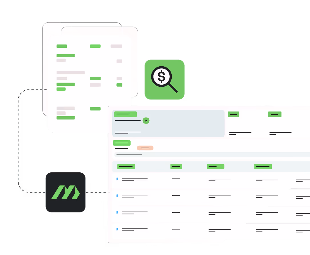 Interface showing automated data extraction with spreadsheets and a magnifying glass icon over a dollar sign, linked to a green and black software logo.