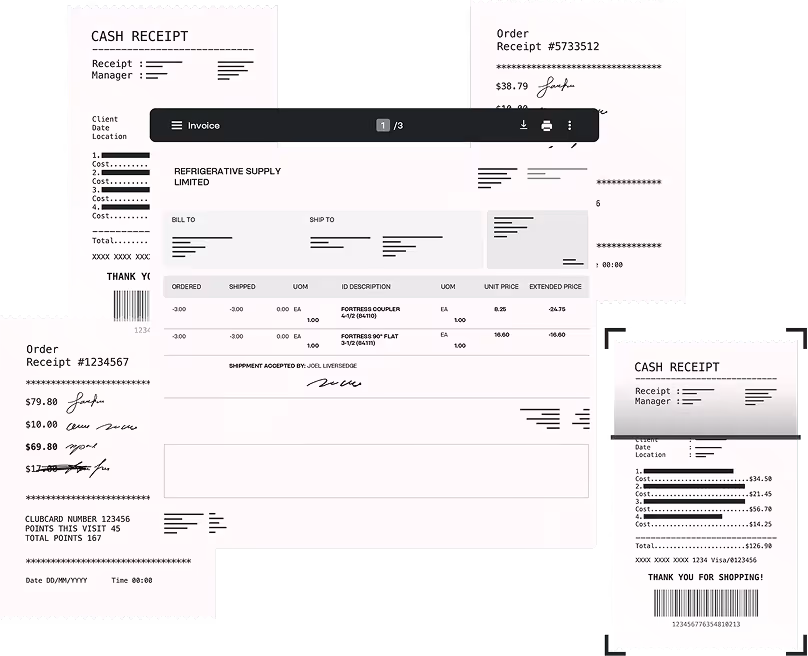 Collage of receipts and an invoice, featuring cash receipts with itemized costs and barcodes, and a detailed invoice from Refrigerative Supply Limited showing ordered items with quantities, descriptions, unit prices, extended prices, and a signature.
