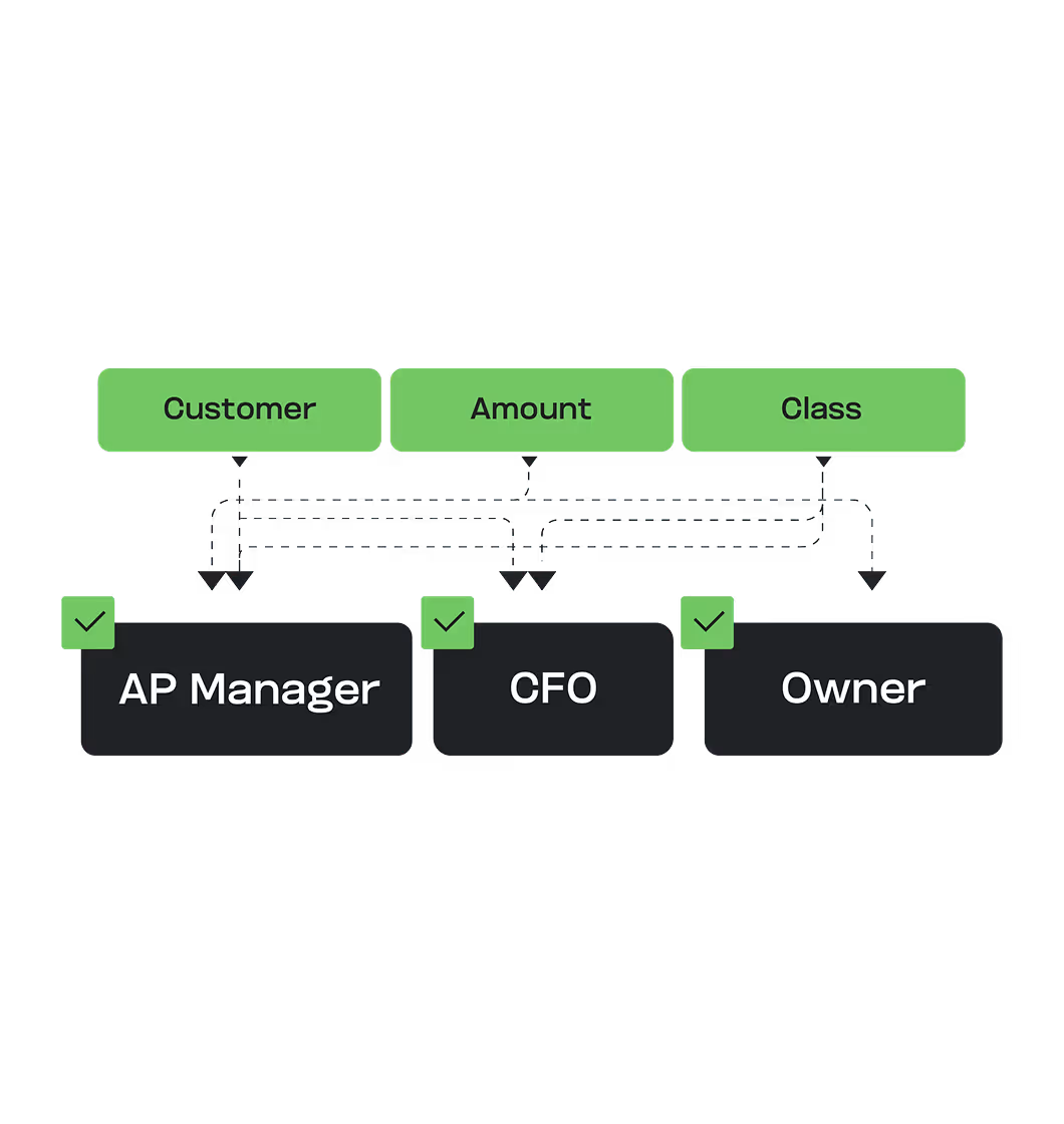 Diagram showing Customer, Amount, and Class data inputs flowing to AP Manager, CFO, and Owner approvals, each marked with green checkmarks.