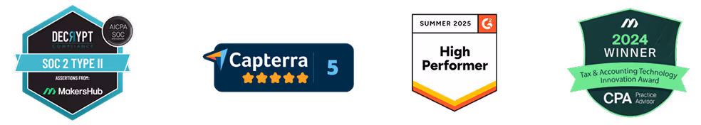 Four badges: DecisrYT SOC 2 Type II compliance from MakersHub, Capterra 5-star rating, G2 Summer 2025 High Performer, and 2024 CPA Practice Advisor Tax & Accounting Technology Innovation Award winner.