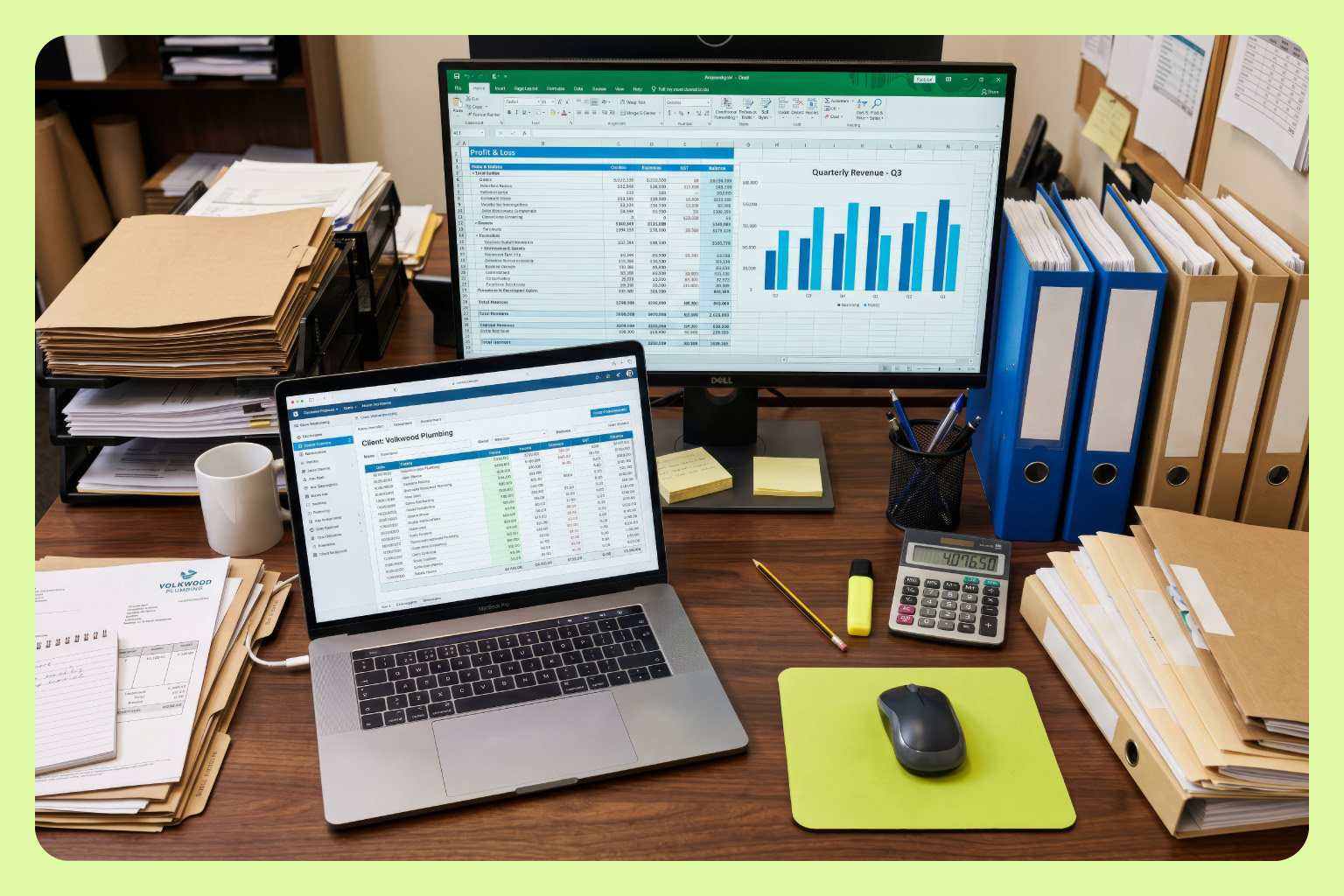 A modern office desk with a laptop, two monitors displaying financial data, and organized paperwork, showcasing productivity and analysis.