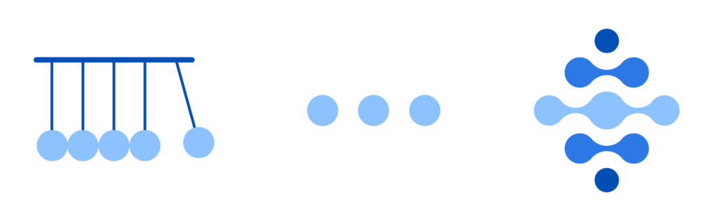 Tre blå geometriske diagrammer mot svart bakgrunn: en Newtons vugge med fem kuler, tre separate prikker i en horisontal linje, og en symmetrisk form laget av åtte dråpeformede prikker arrangert i et mønster.