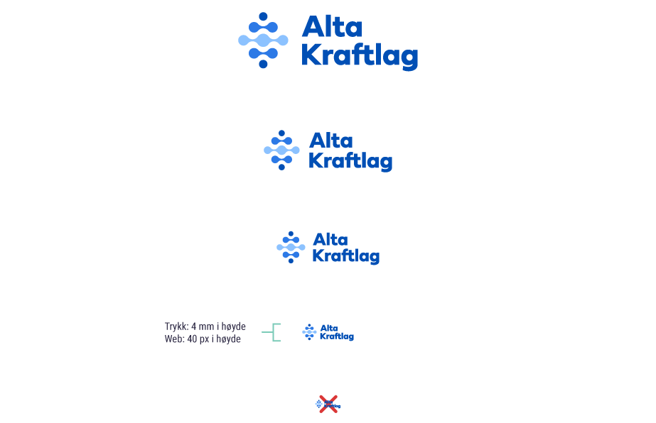 Logoer for Alta Kraftlag i forskjellige størrelser og minimumskrav: en blå symbol med bølger og prikker ved siden av teksten 'Alta Kraftlag' i blått. Eksempler inkluderer større, mellomstore og små versjoner. Minimumskriftstørrelse for trykk er 4 mm i høyde og for web 40 px i høyde. Nederst vises et kryss over en forvrengt versjon av logoen som et eksempel på feilbruk.