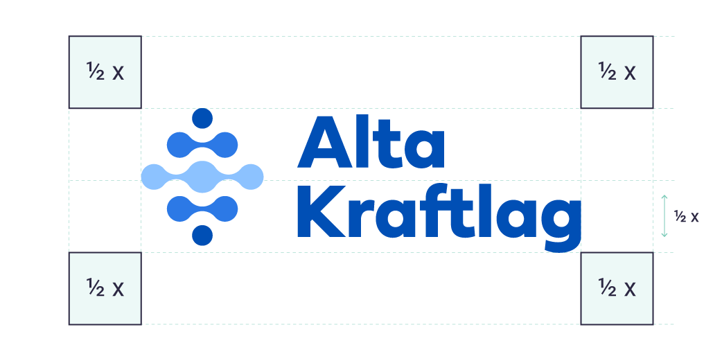 Logo for Alta Kraftlag with blue abstract connected dots on the left and the text 'Alta Kraftlag' in bold blue letters to the right, showing spacing guidelines with 1/2 X margin around and between elements.